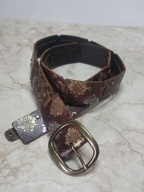 SIZE M. Fossil genuine leather studded belt. Fossil Brown Studded Vine Embroidered Leather Belt Sz M | eBay main image 2